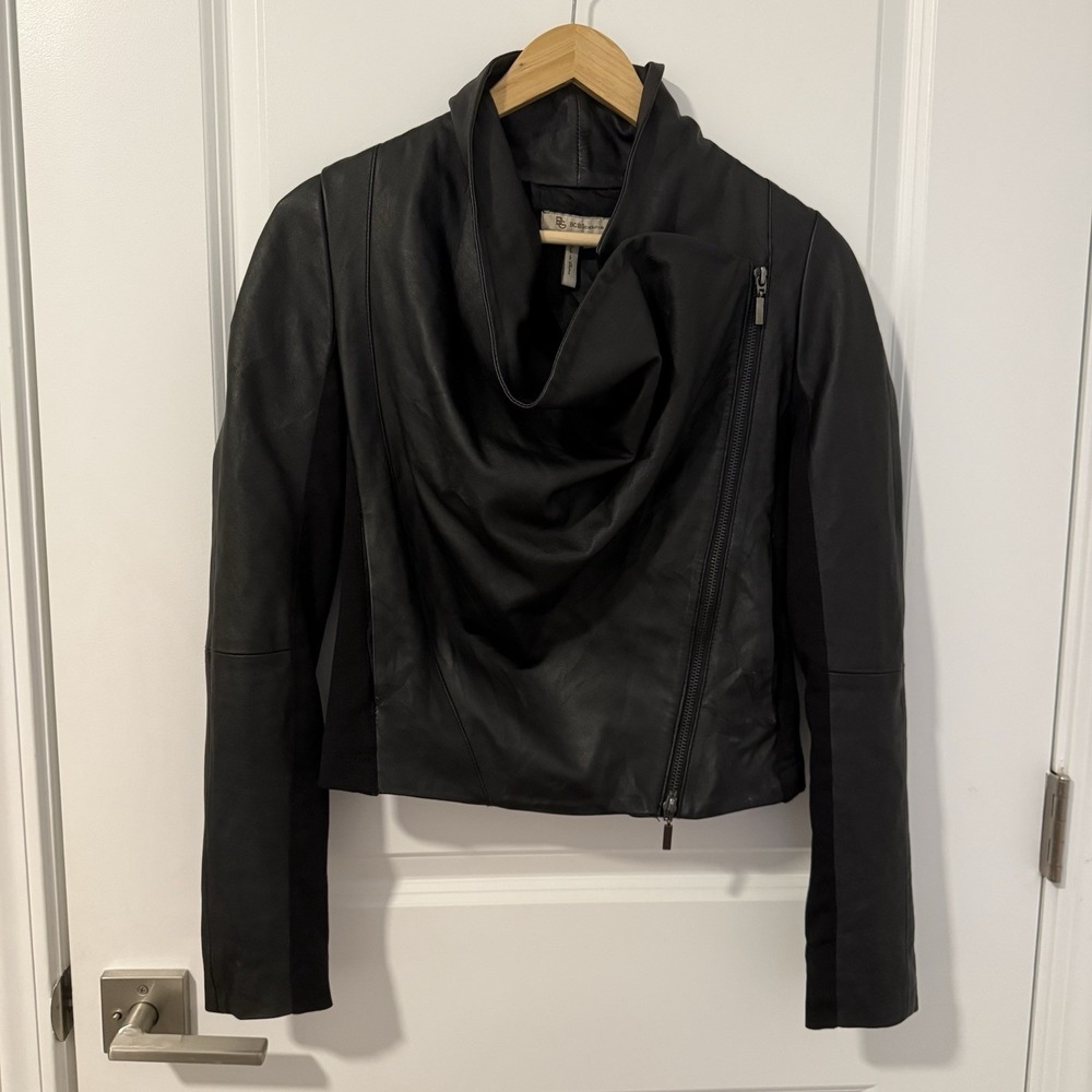 BCBGeneration Black Leather Moto Jacket Cowl Neck Asymmetrical Crop Women's XS